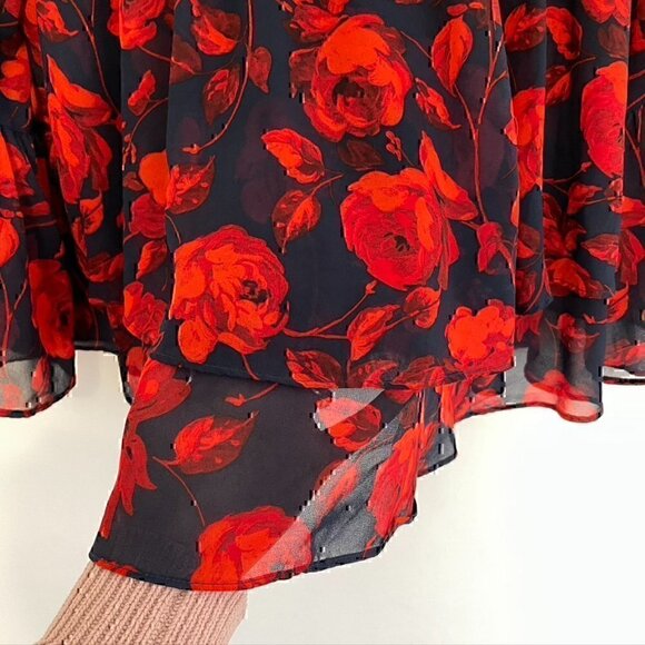 A NEW DAY Tiered Floral Blouse Navy Blue Red 3/4 Bell Sleeve Sheer / Lined Boho - Picture 8 of 12